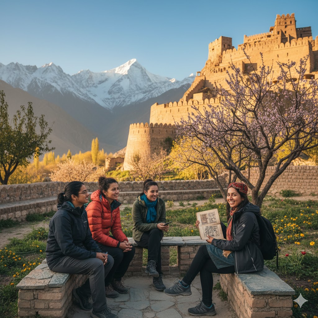 Local guide Saira Hunzai explaining Hunza traditions to tourists at Altit Fort garden
