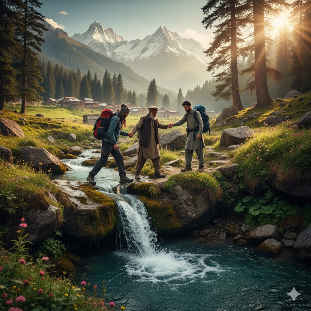Local guide assisting trekkers near a small waterfall in Arrang Kel