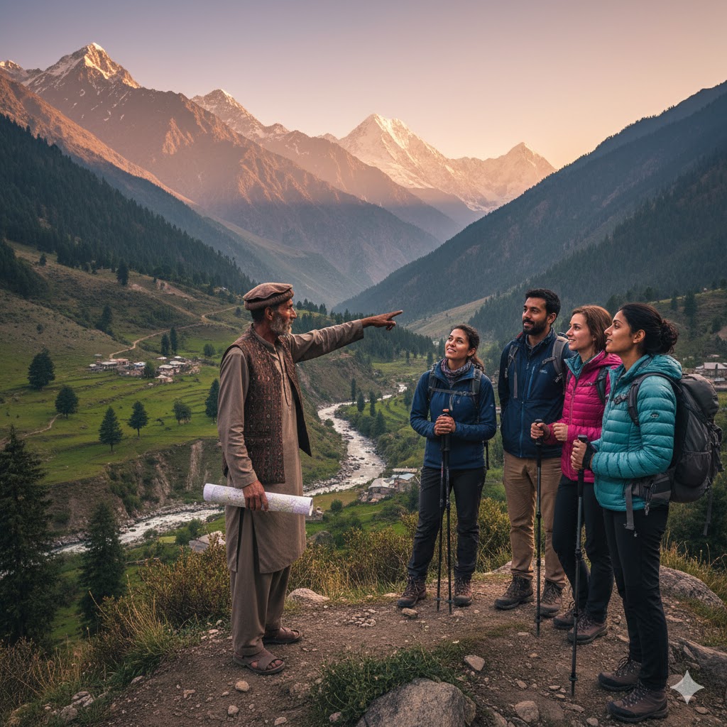 Local guide pointing toward mountain trail in Arrang Kel while explaining route to tourists