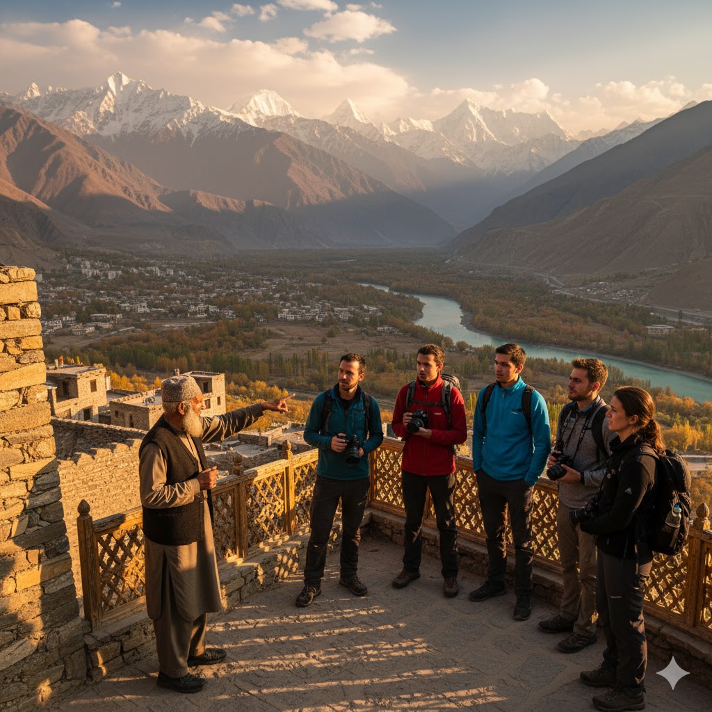 Local historian guiding tourists at Baltit Fort with panoramic view of Hunza behind.