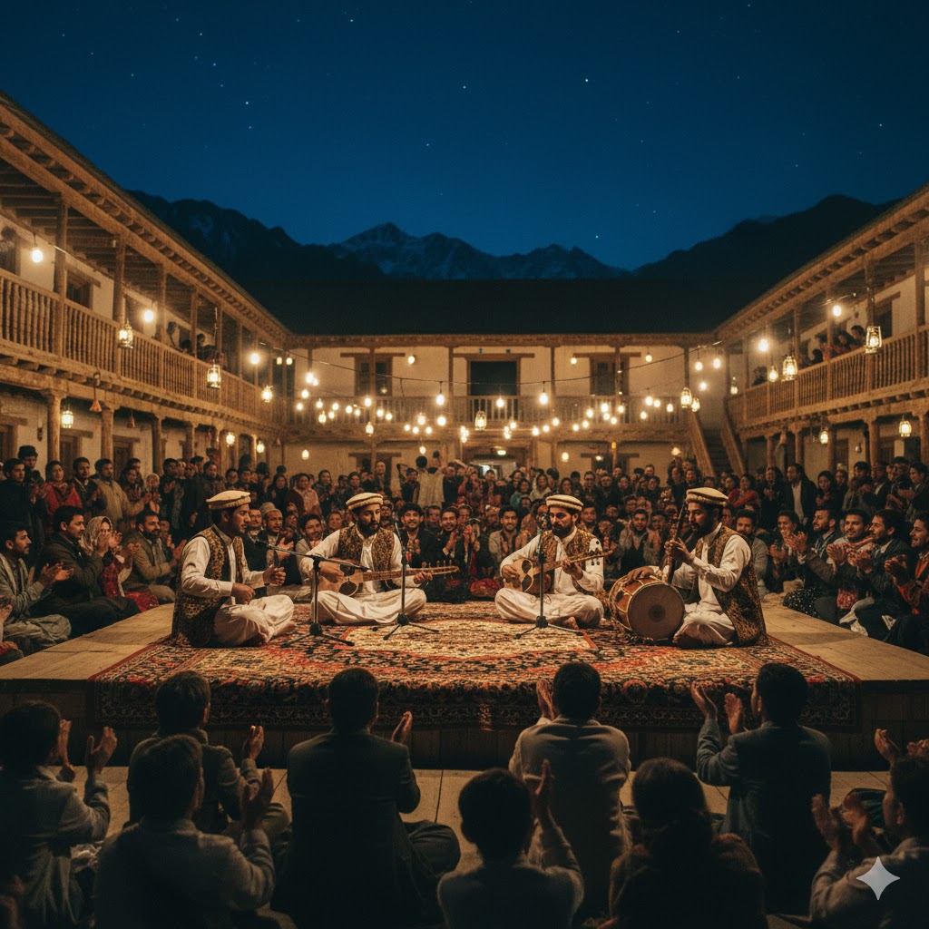 Local musicians performing folk songs with rabab and sitar during a heritage evening in Gilgit