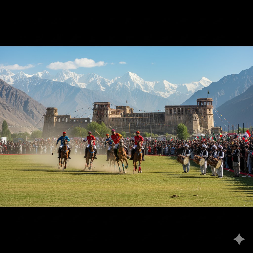 Local polo players and musicians performing at Jashan Ghanchee Festival in Khaplu Valley 2026