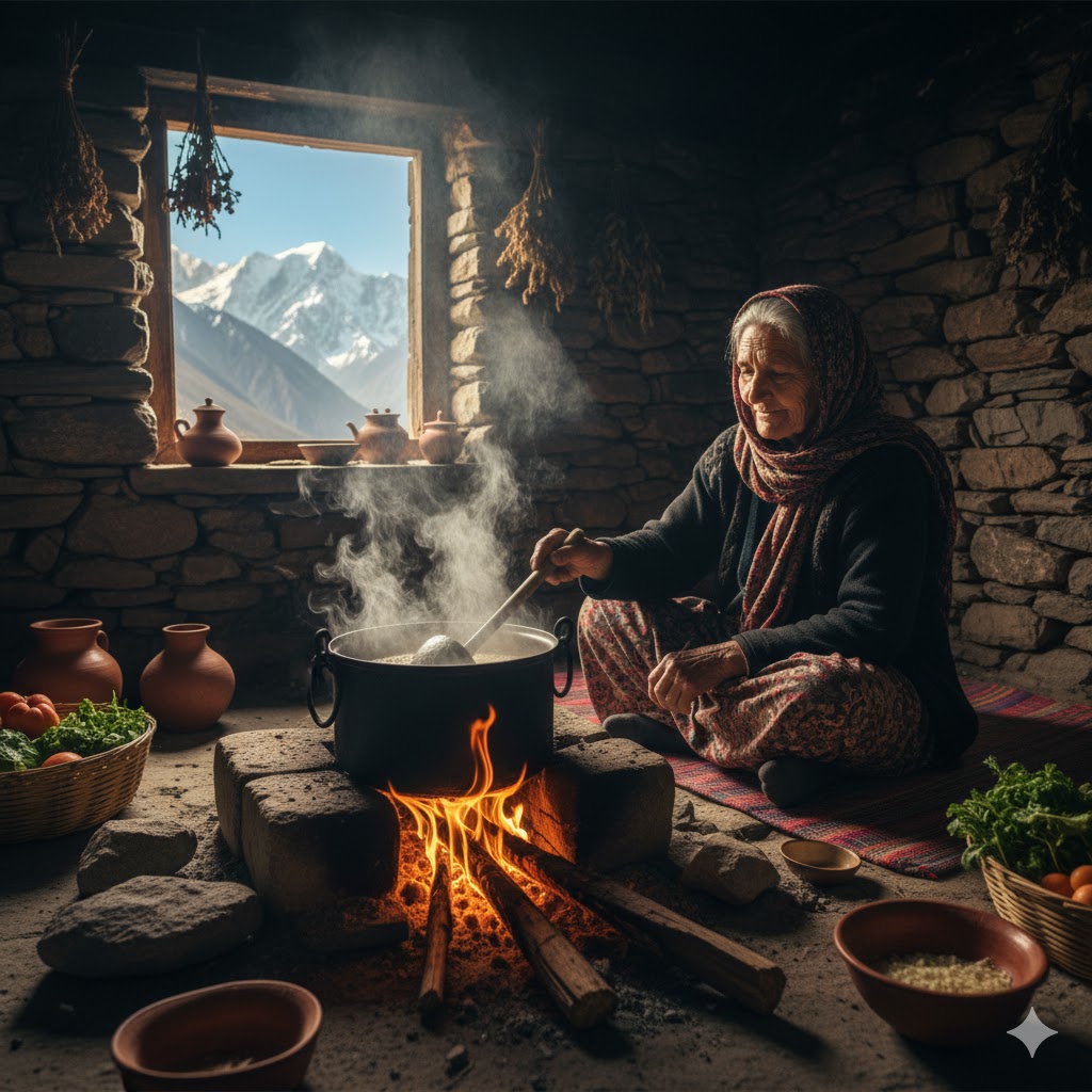 Local woman cooking soup over wood fire in stone hut in Bagrot Valley