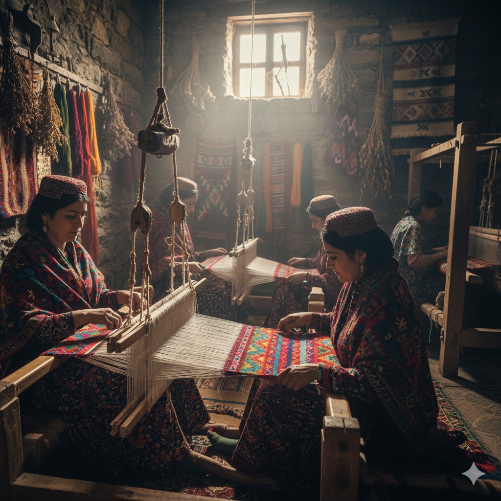 Local women in Hunza weaving traditional woolen shawls with bright patterns