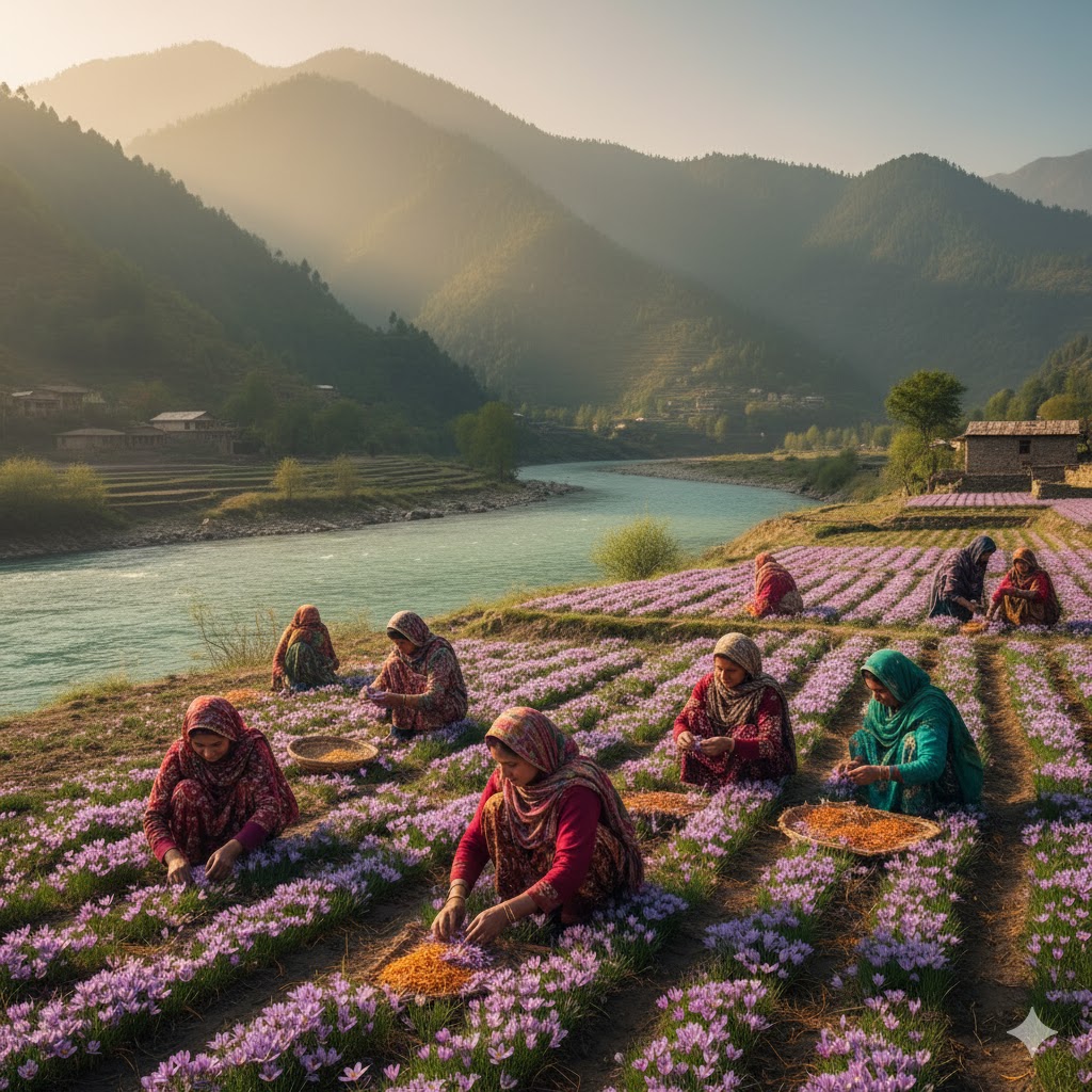 Local women picking saffron flowers near Poonch River fields