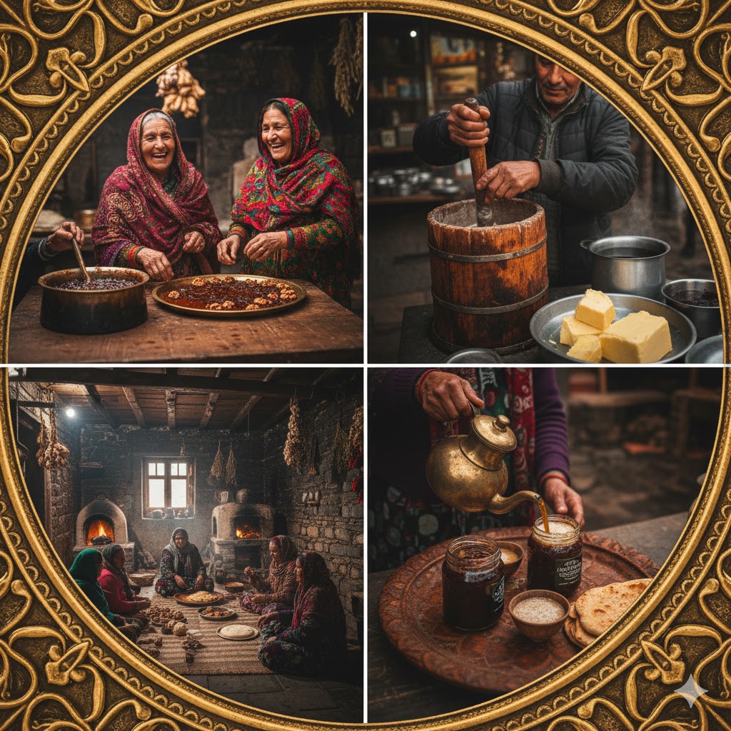  Local women preparing walnut jam and butter tea in traditional Gilgit kitchen