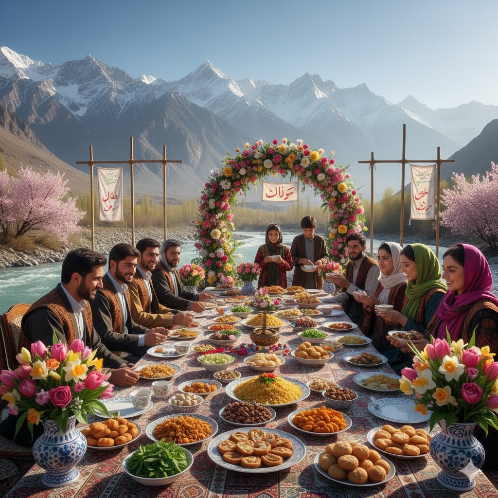 Locals celebrating Nowruz with traditional food and floral decorations in Skardu Valley, Pakistan.