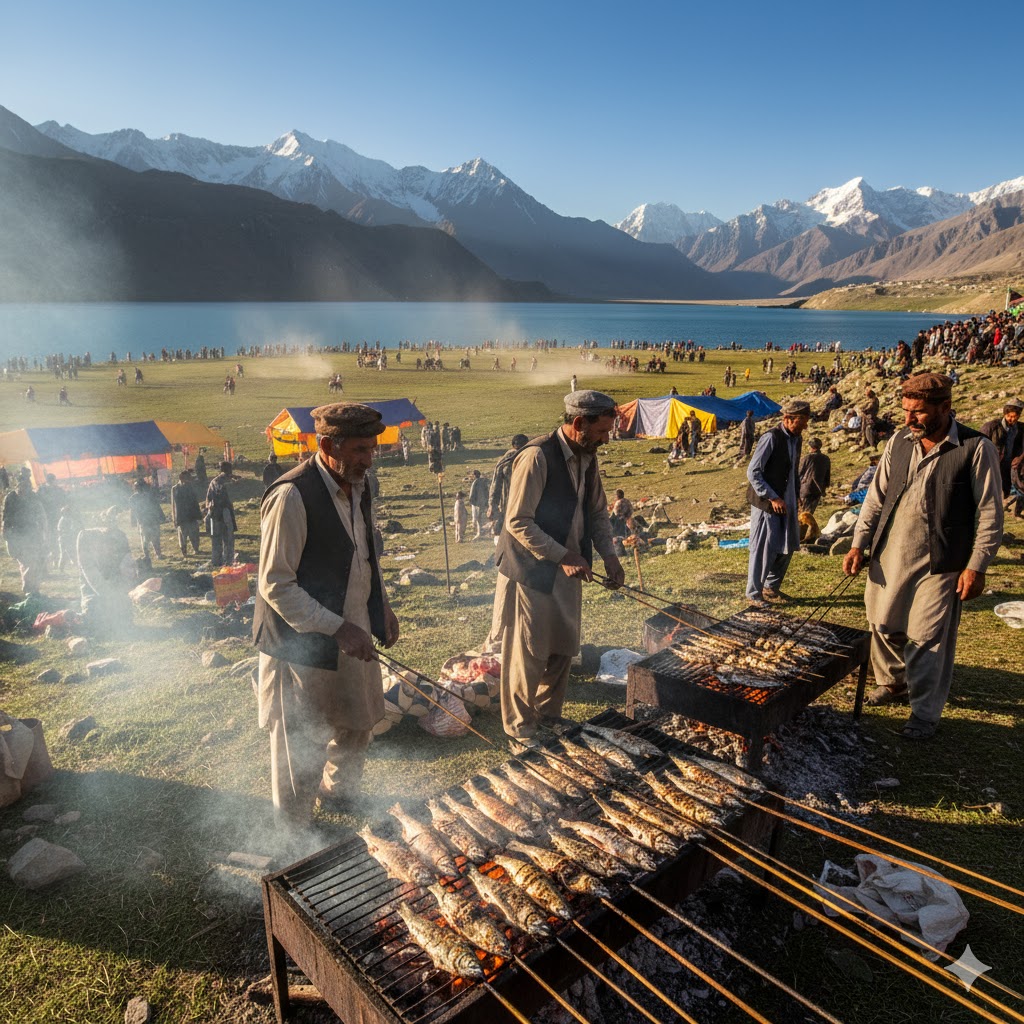 Locals grilling fish beside Shandoor Lake during polo festival.