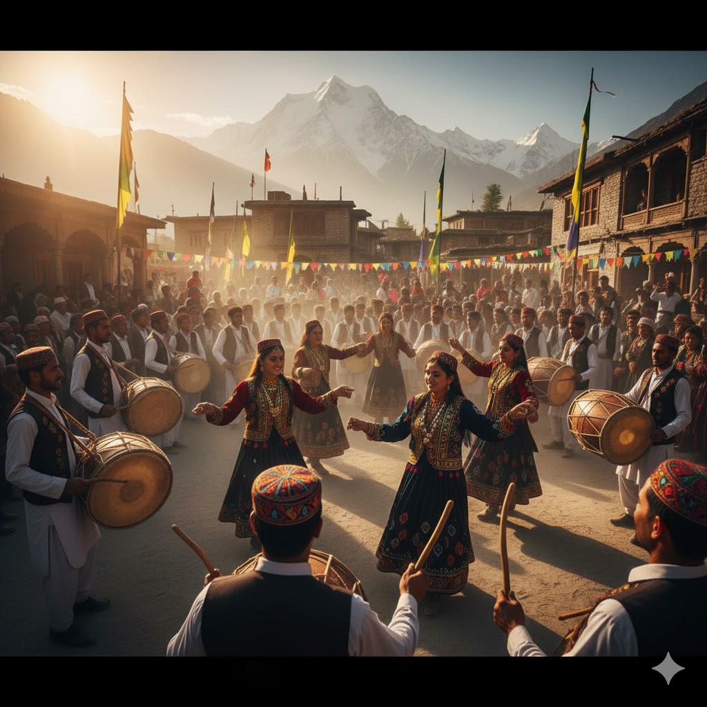 Locals in traditional Hunza dress celebrating a cultural festival with drums and dance in Karimabad.