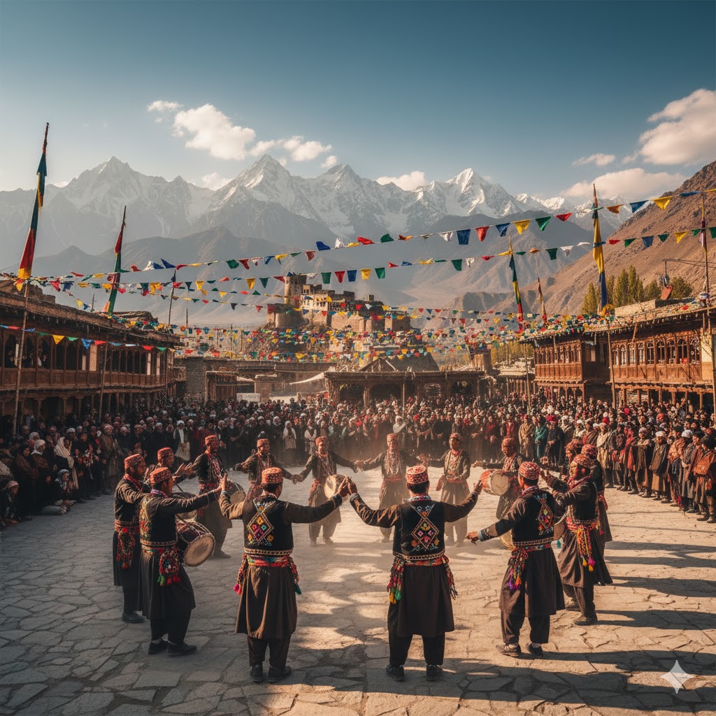 Locals performing traditional dance during the Ginani Festival in Hunza under colorful banners.