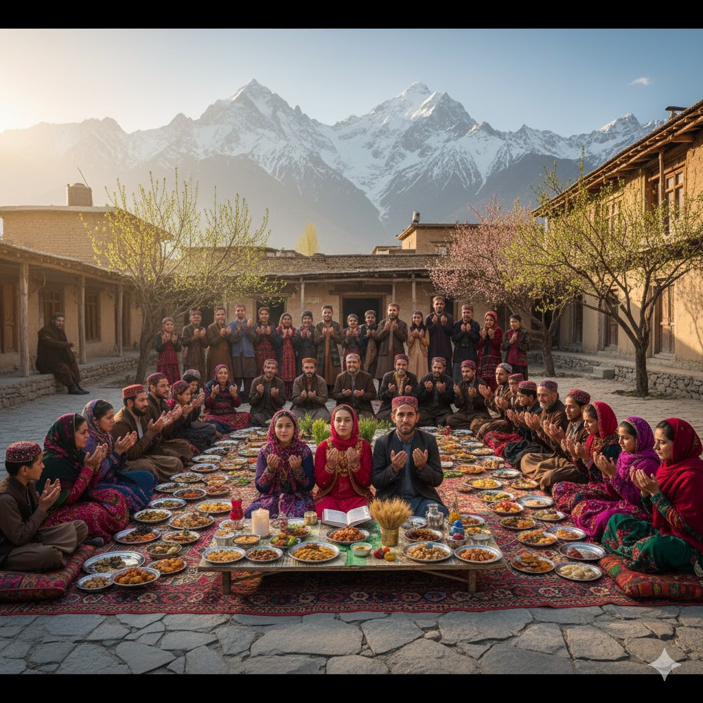 Locals sharing meals and prayers during Nowruz celebrations in Gulmit, Hunza.