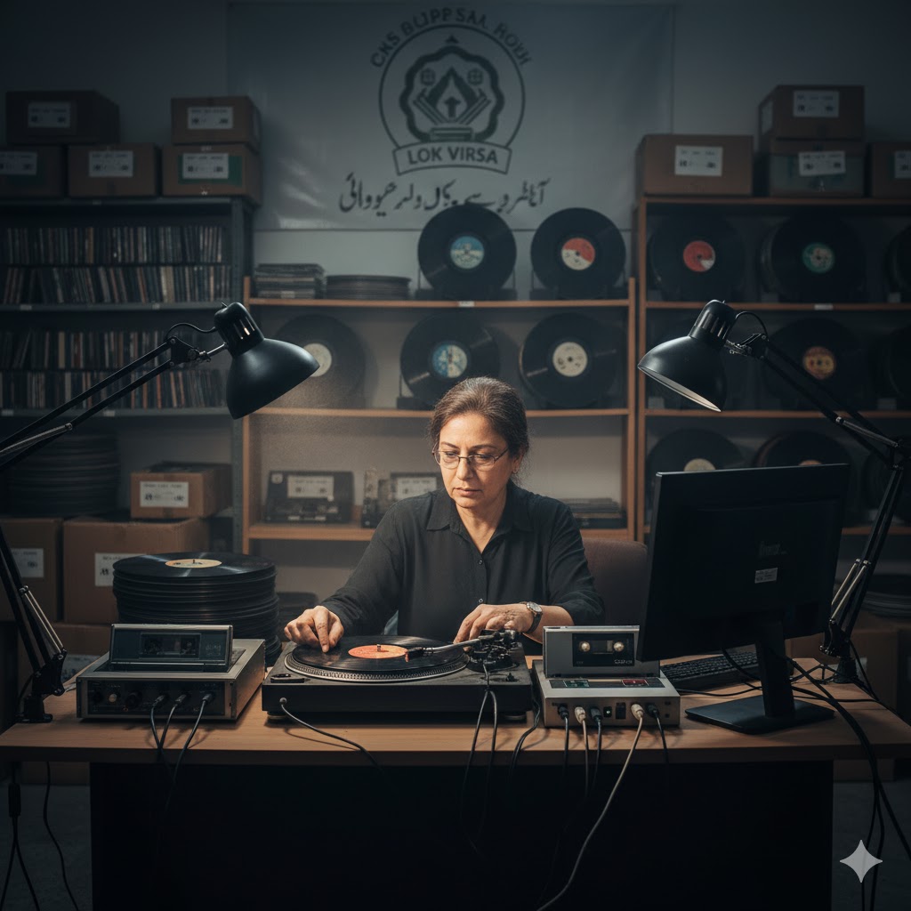 Lok Virsa Islamabad archiving department digitizing old folk music cassettes and gramophone records.