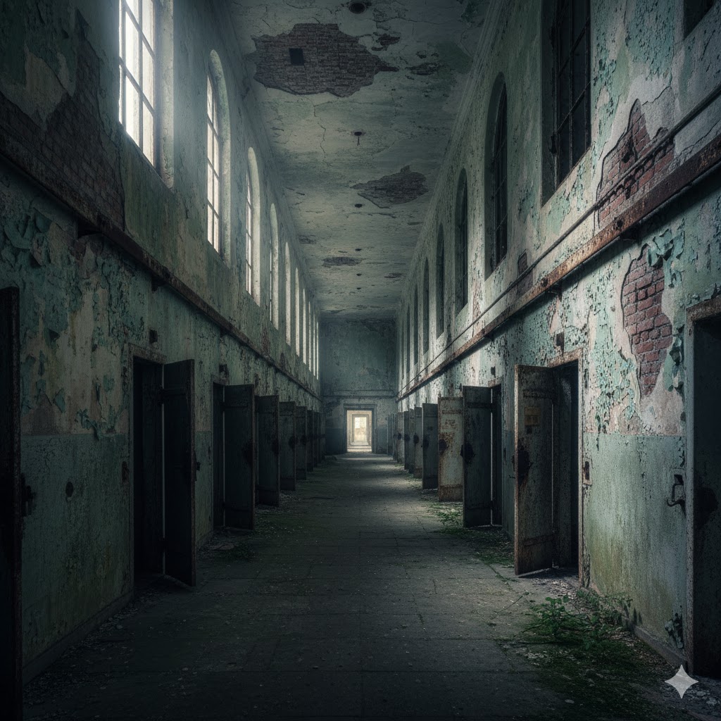 Long decayed hallway of Eastern State Penitentiary lit by eerie daylight. 