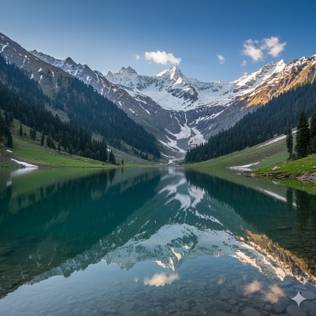 Lulusar Lake with crystal-clear water mirroring surrounding mountains and sky