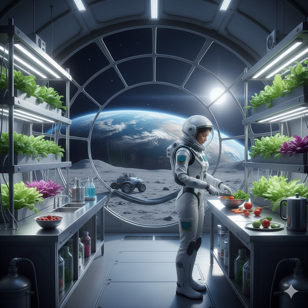 Lunar cuisine hydroponic greenhouse with astronaut preparing plant-based meal