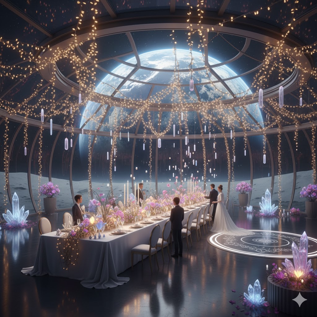 Lunar dome interior decorated with glowing lights for a romantic moon wedding reception.