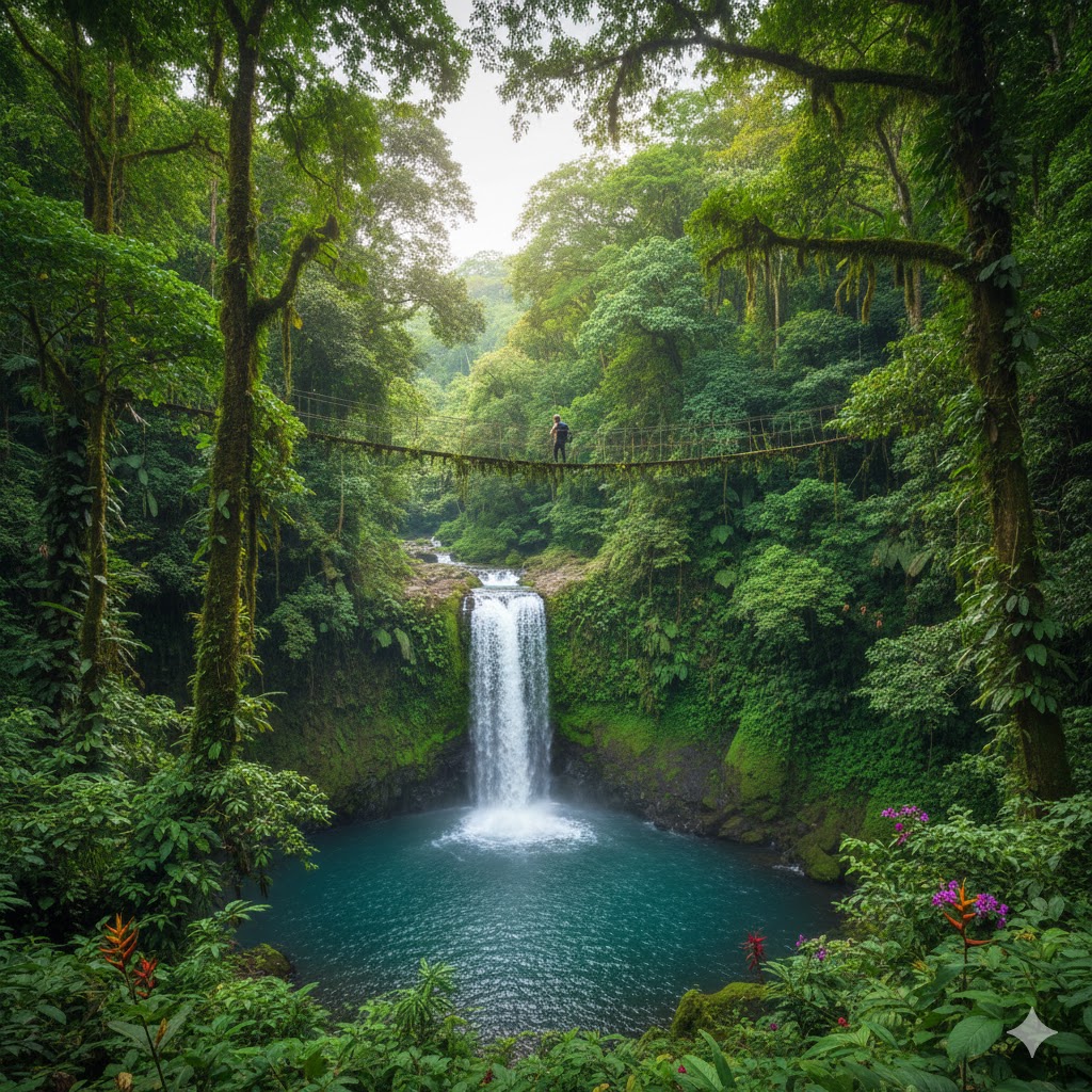 Lush rainforest canopy and waterfalls in Costa Rica during the green season