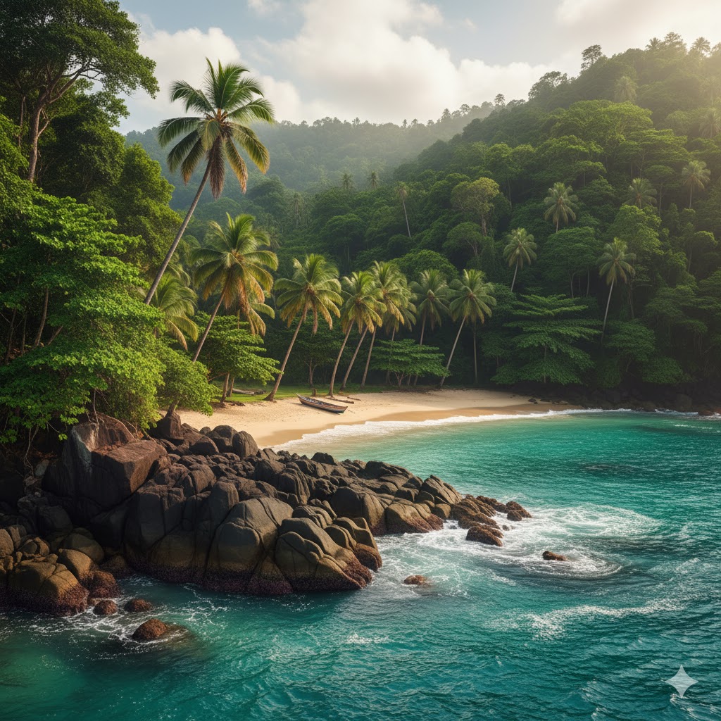 Lush tropical forest and beach with volcanic rocks, São Tomé and Príncipe
