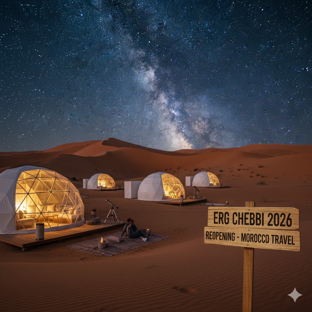  Luxury desert dome under starry sky Erg Chebbi Morocco 2026 travel reopening