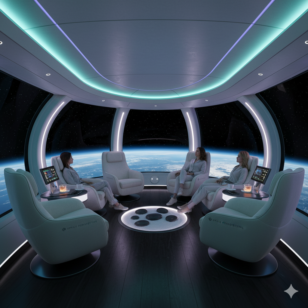 Luxury interior of Space Perspective capsule with wellness lounge design