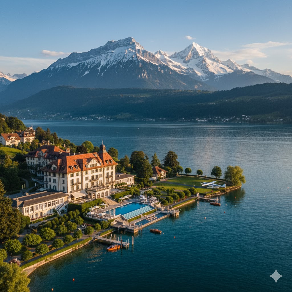 Luxury resort near Lake Lucerne with snow-covered Alps, Switzerland
