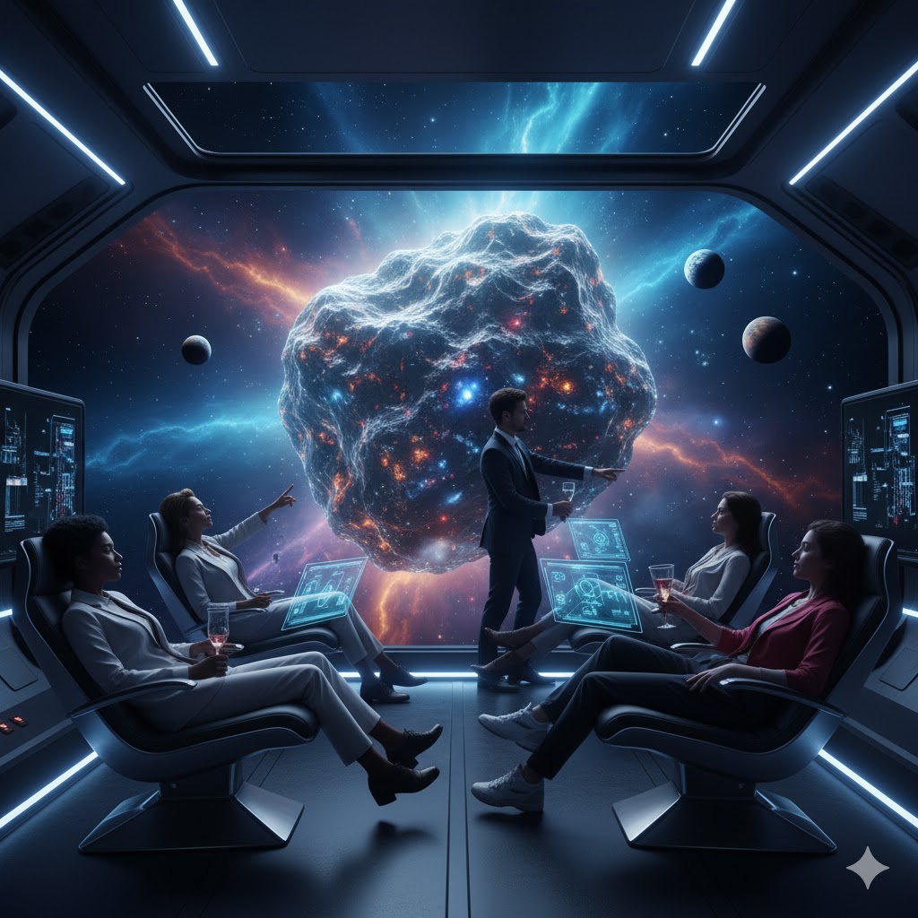 Luxury space capsule with tourists enjoying asteroid cruise and panoramic cosmic views