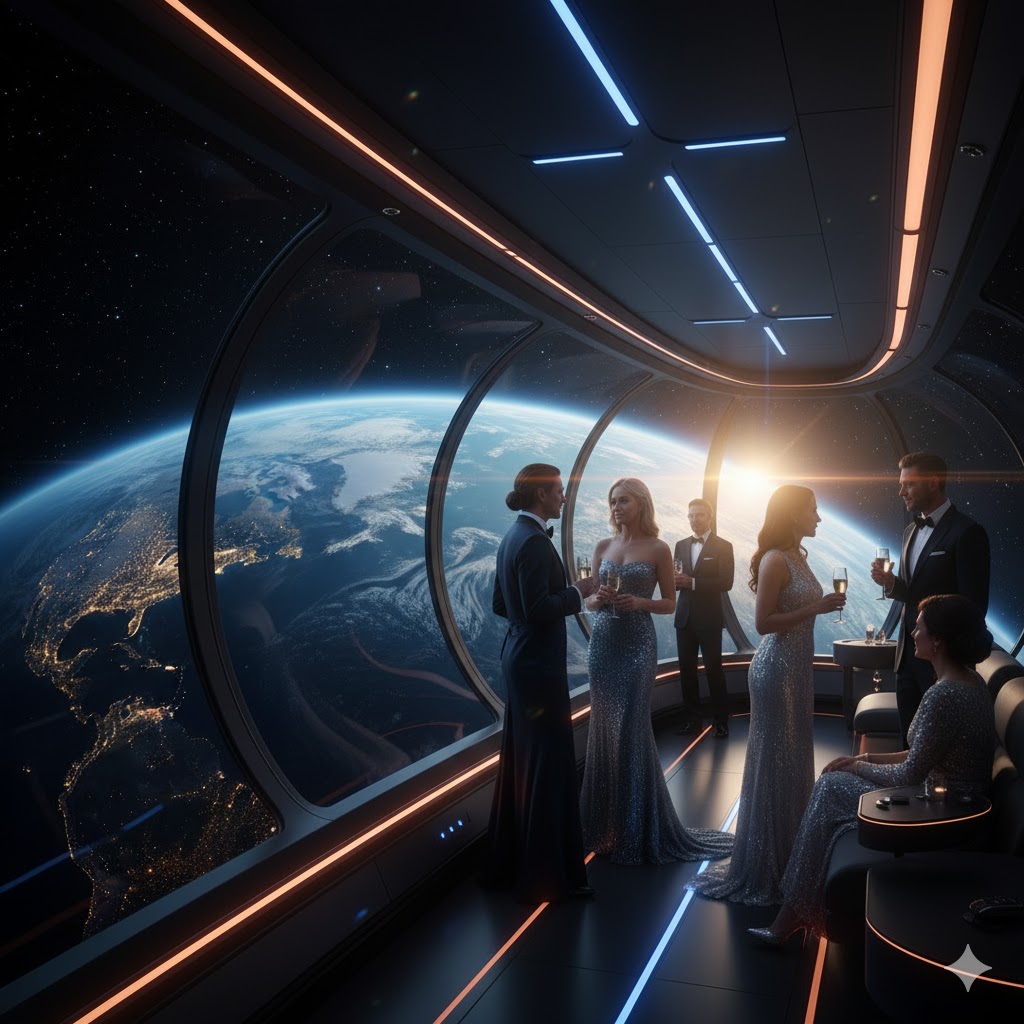 Luxury space cruise capsule floating above Earth with panoramic windows