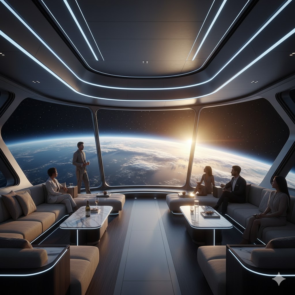 Luxury space cruise orbiting Earth with panoramic view