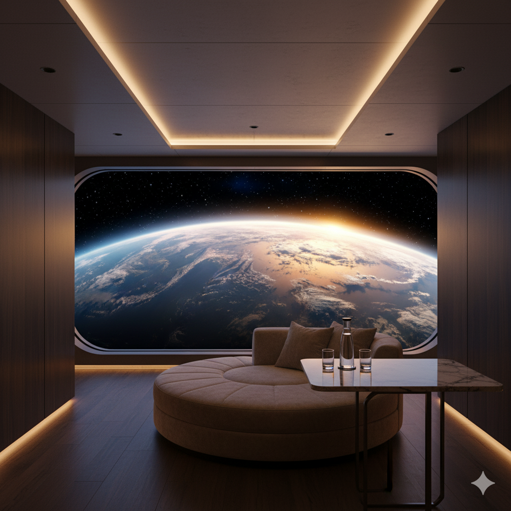 Luxury space hotel window overlooking Earth with glowing horizon