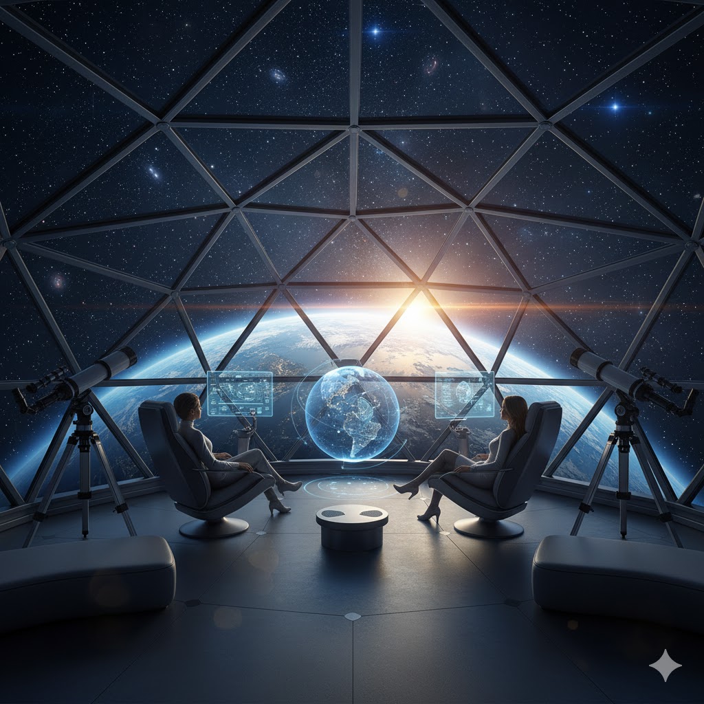Luxury stargazing capsule with high-resolution telescopes and Earth view