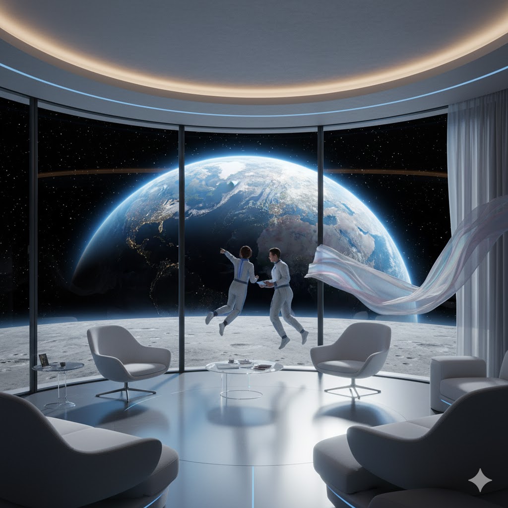 Luxury zero-gravity hotel suite on the Moon overlooking Earthrise