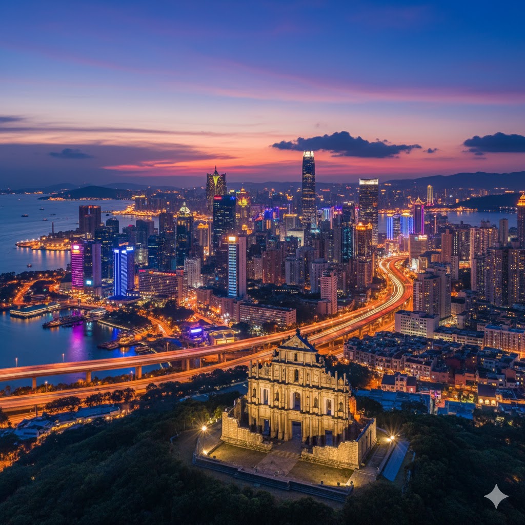 Macau skyline and Ruins of St. Paul’s under colorful evening lights