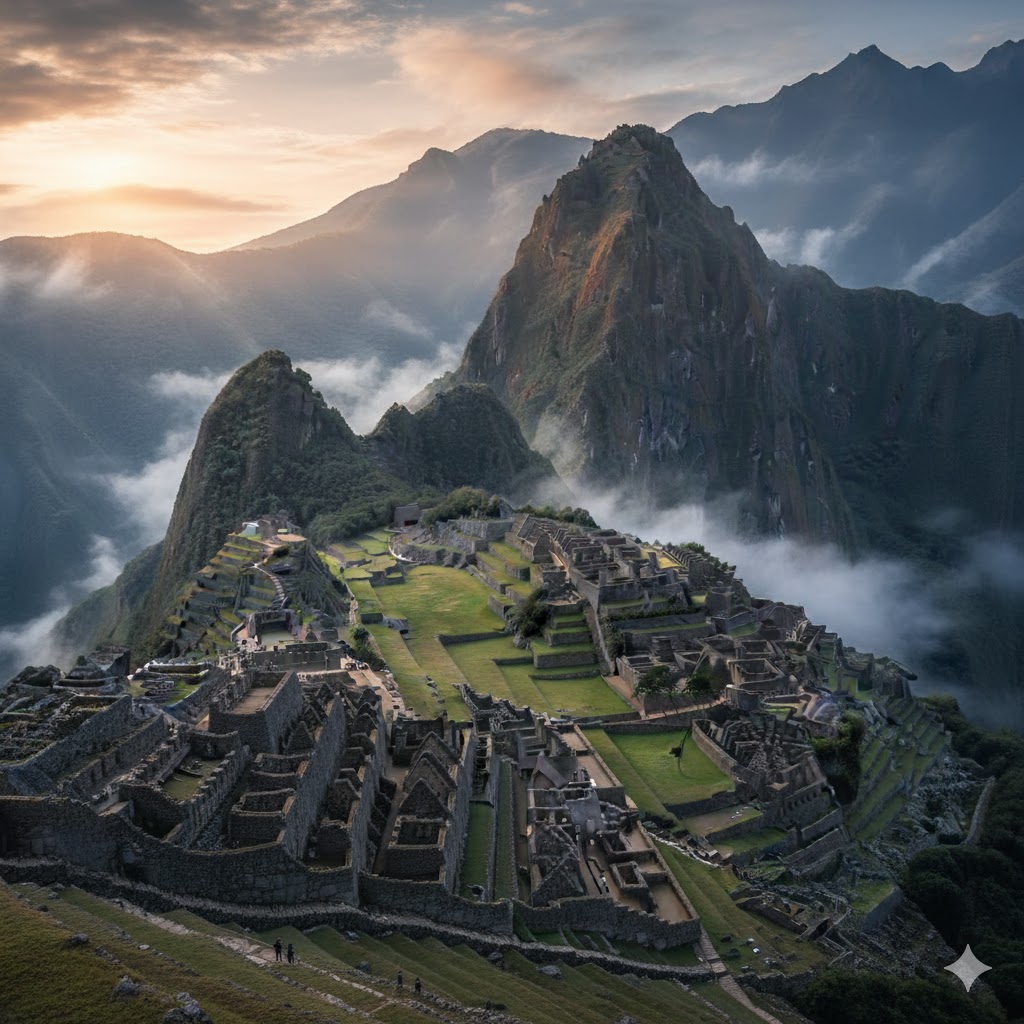 Machu Picchu ruins surrounded by misty green peaks, Peru