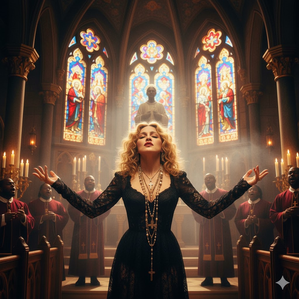 Madonna singing in church-like setting — representing the bold imagery of Like a Prayer 