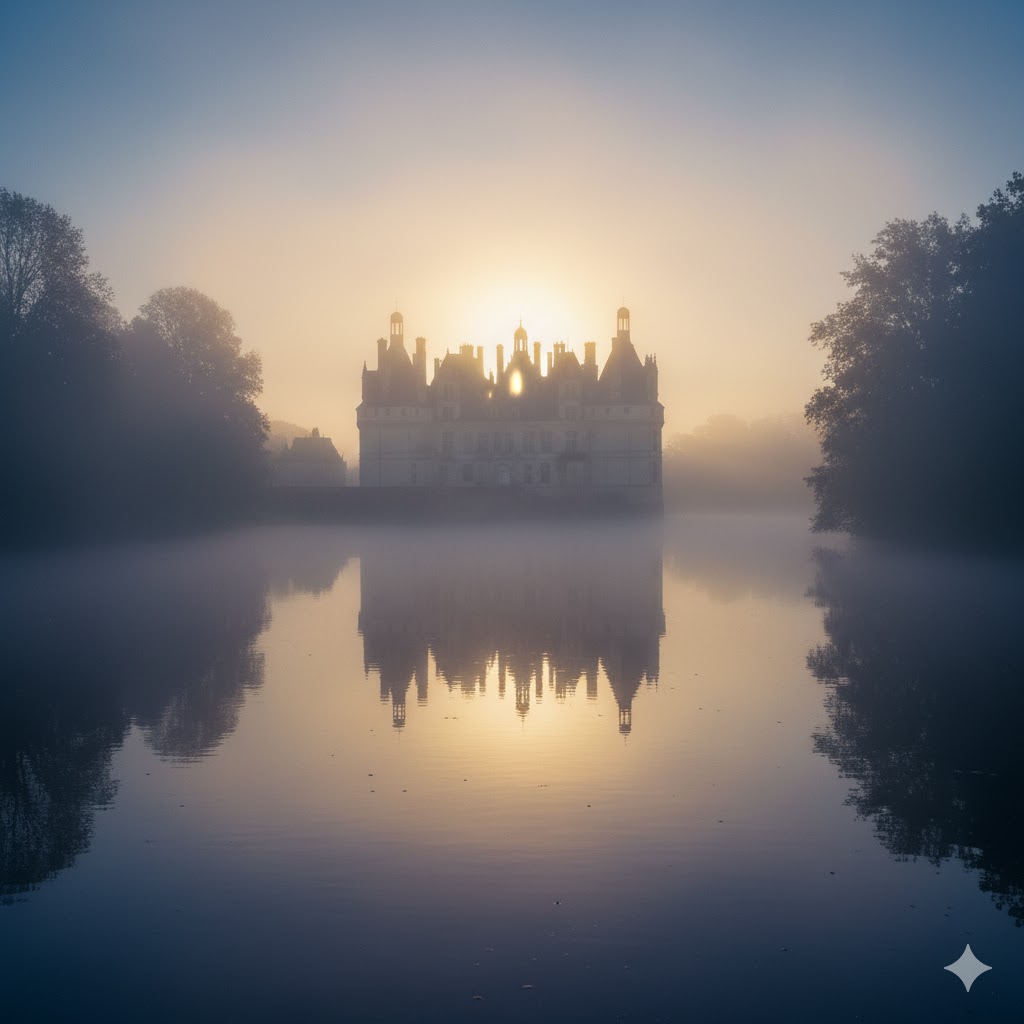 Majestic Loire Valley castle reflected in river under early-morning fog.