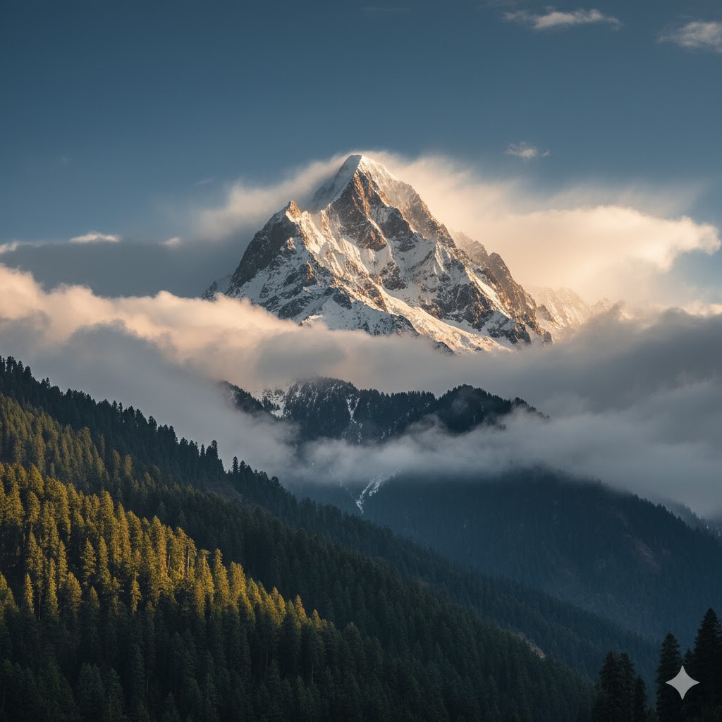 Majestic Malika Parbat peak surrounded by clouds and alpine forests