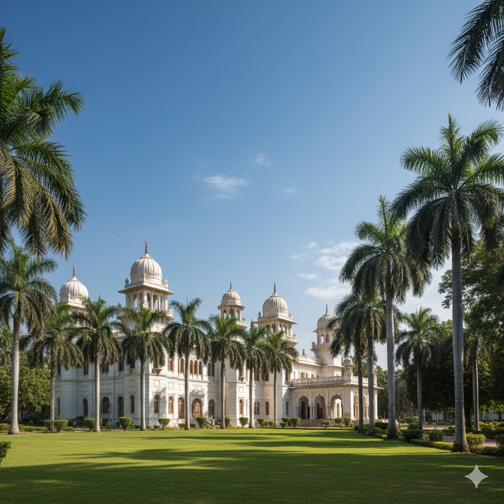 Majestic Sadiq Garh Palace with domed towers surrounded by palm trees under the Bahawalpur sun.