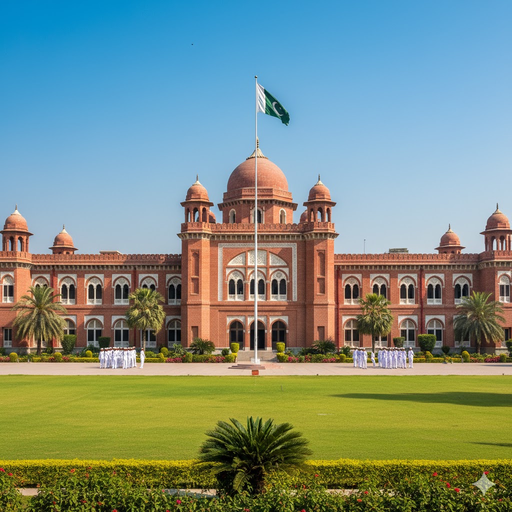 Majestic red-brick architecture of Cadet College Bahawalpur with flag hoisted on parade ground under blue sky. Majestic red-brick architecture of Cadet College Bahawalpur with flag hoisted on parade ground under blue sky.