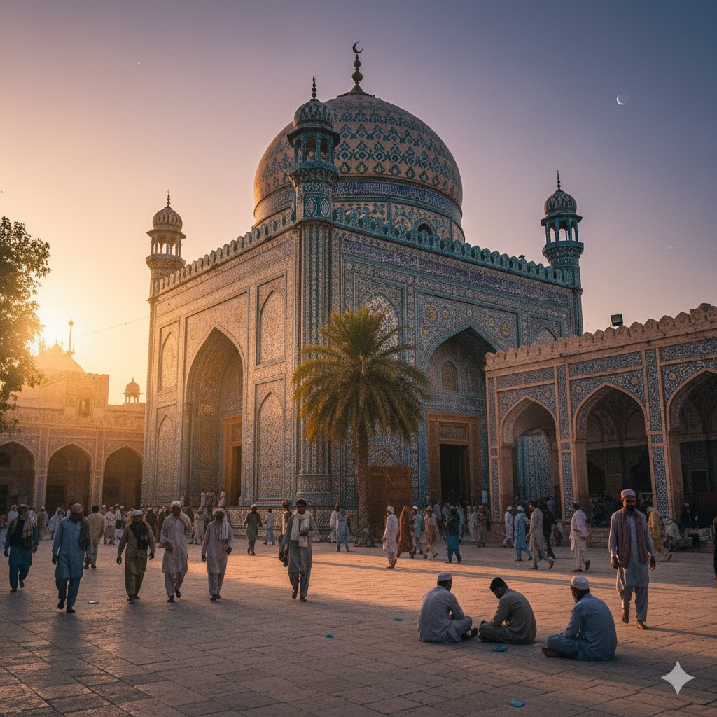 Majestic view of Multan’s Bahauddin Zakariya Shrine with vibrant blue tile work and pilgrims visiting
