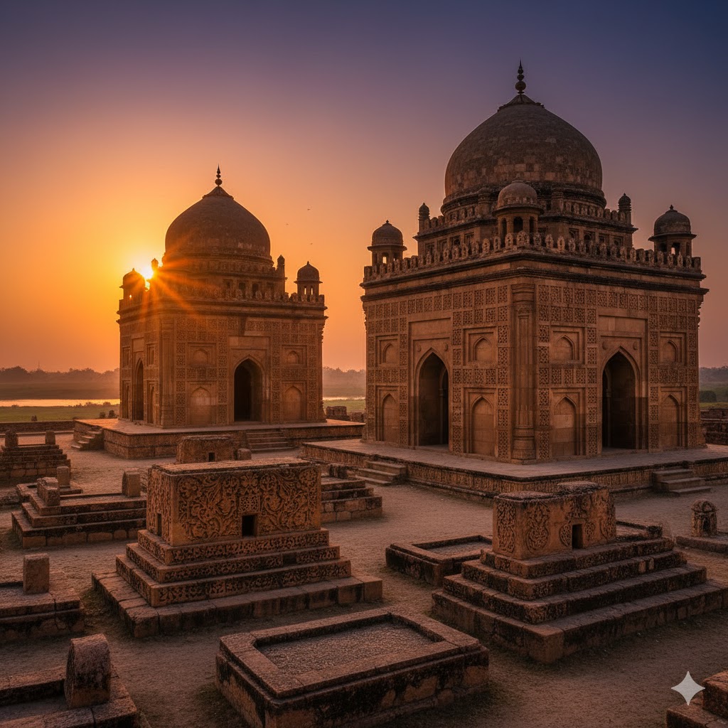 Makli necropolis tombs near Thatta glowing under sunset sky with historic carvings visible
