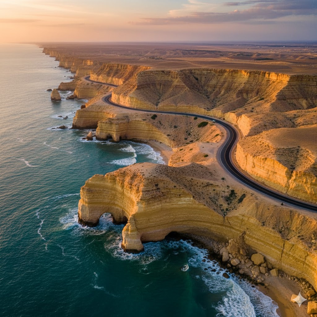 Makran Coastal Highway curving beside golden cliffs and turquoise water