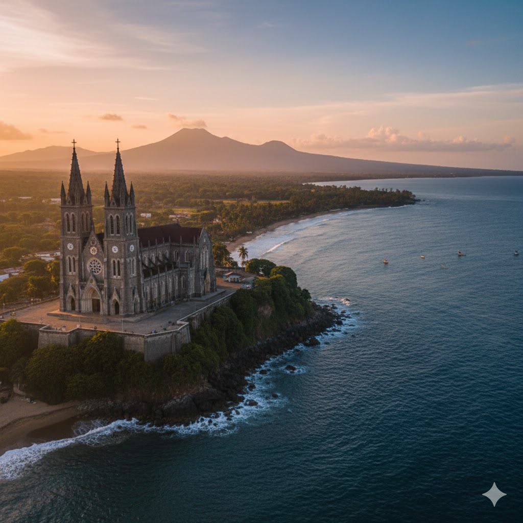 Malabo cathedral overlooking Bioko Island coast, Equatorial Guinea