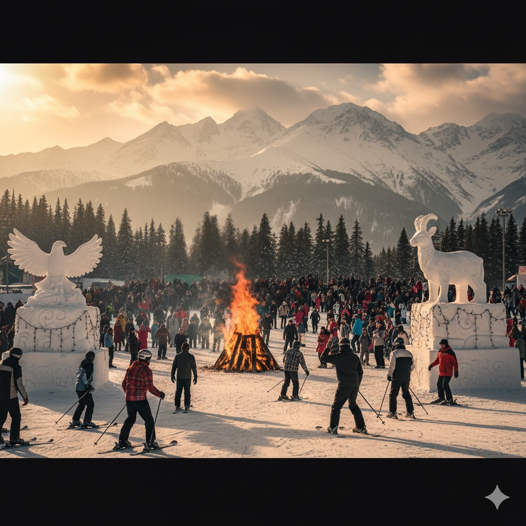 Malam Jabba Ski Festival with skiers, snow sculptures, and bonfire celebrations under snowy peaks.