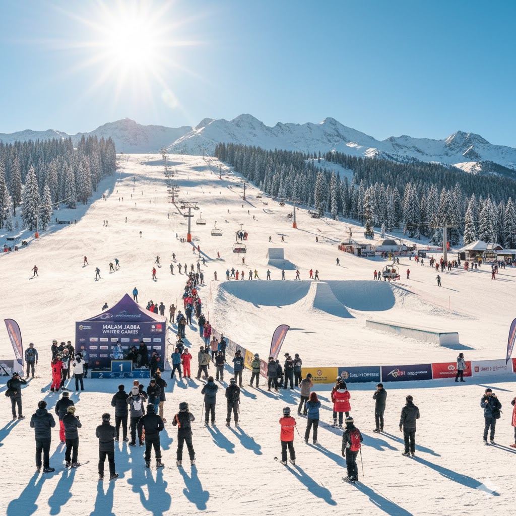 Malam Jabba ski resort during Winter Games with athletes and tourists enjoying snowy slopes under sunshine.