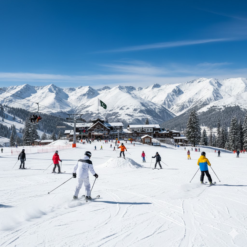 Malam Jabba ski slopes with tourists enjoying winter sports