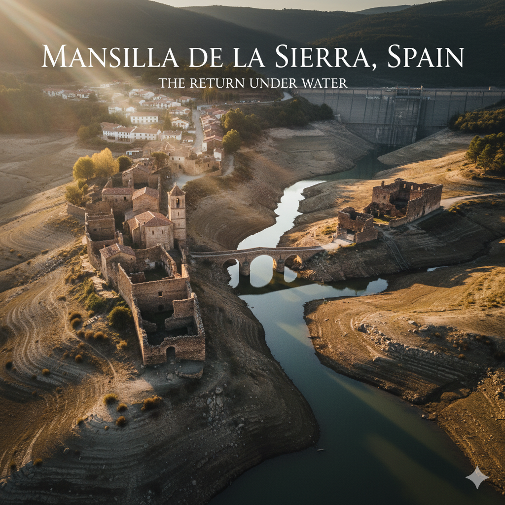 drought revealed sunken town Mansilla de la Sierra Spain reservoir ruins