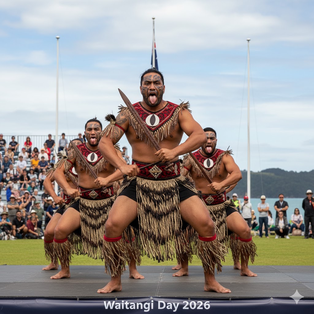 Māori warriors performing haka at Waitangi Day 2026 New Zealand event.