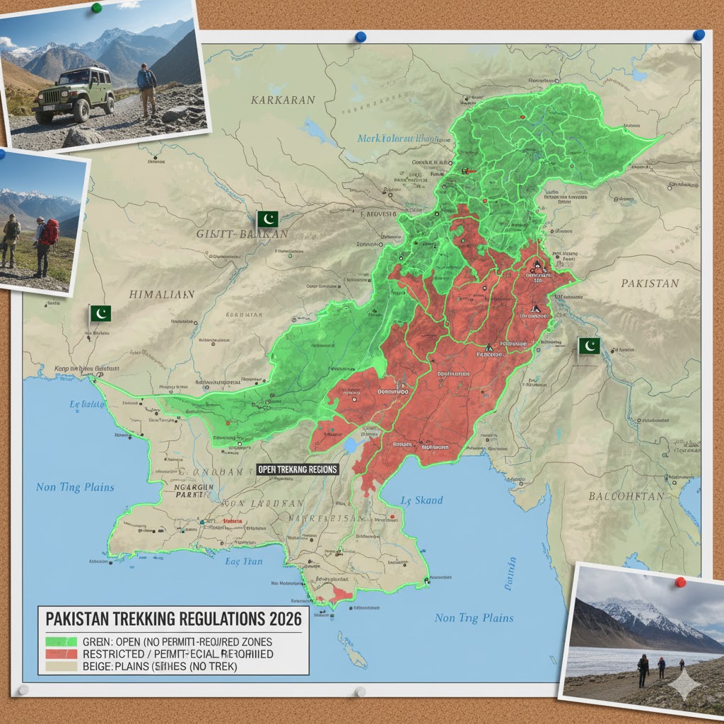 Map highlighting restricted and open trekking regions of Pakistan for 2026