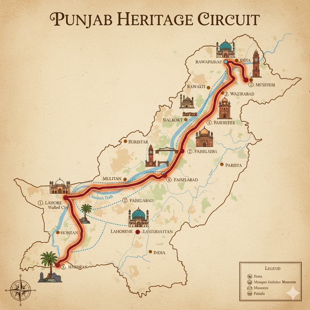 Map illustration showing Punjab Heritage Circuit with connected routes