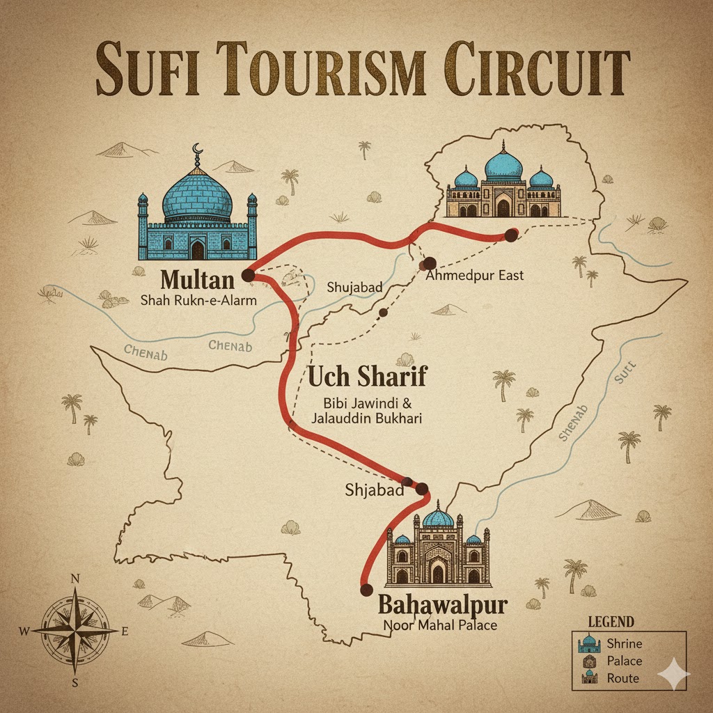 Map illustration showing Sufi Tourism Circuit from Multan to Bahawalpur